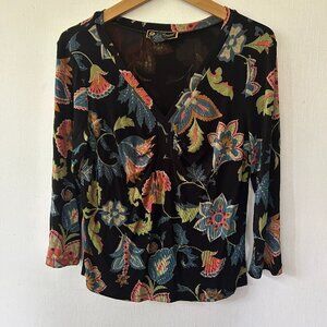 Mirasol Slinky Knit Blouse Womens Medium Black Floral V-neck Fairy Grunge